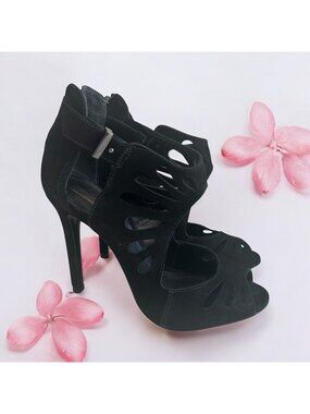 SCHUTZ Black Suede Zip Sandals Heels Size 6.5